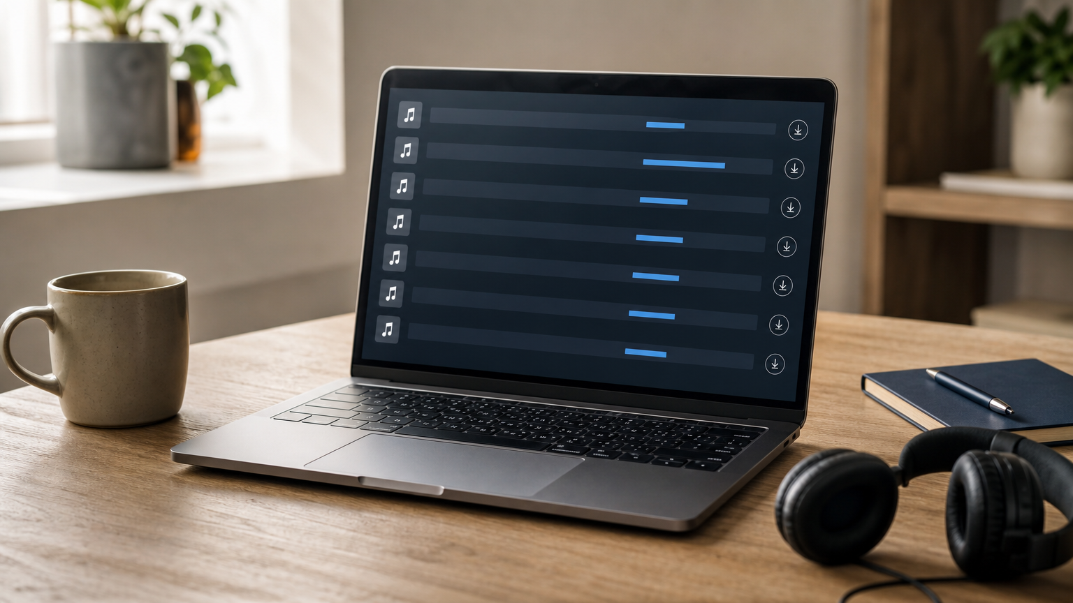 A laptop displaying a queue of audio files being converted, with headphones and a mug on the desk.