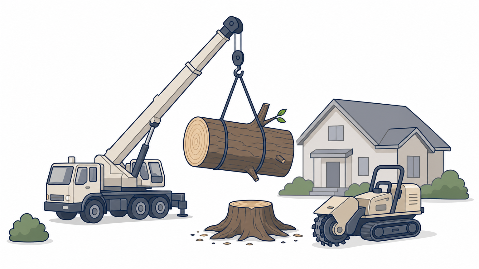 A crane removes a large tree limb while a stump grinder sits ready near the trunk.
