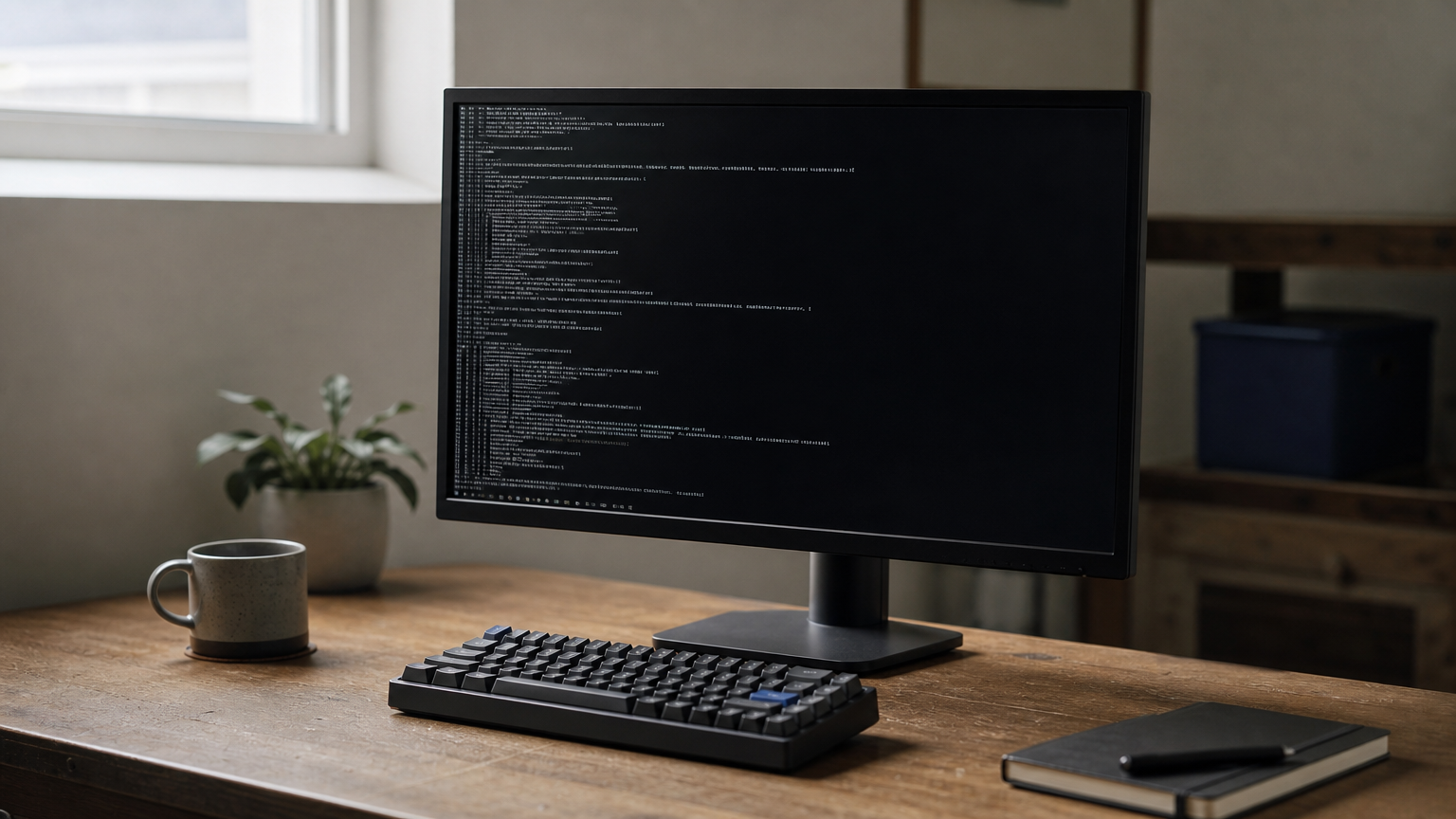 A monitor showing a terminal window with command-line text next to a mechanical keyboard.