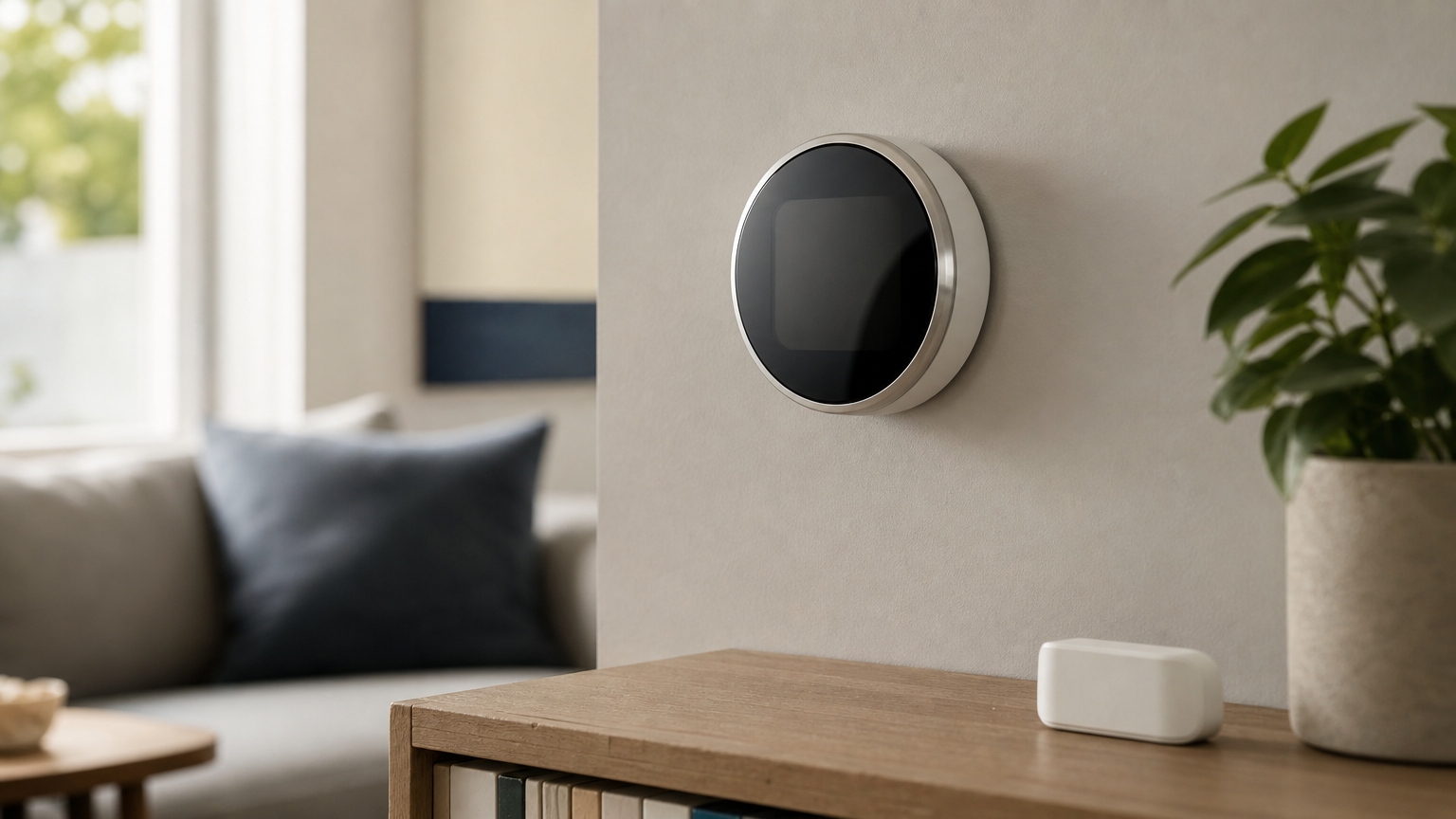 A smart thermostat on a wall beside a small wireless room sensor on a shelf.