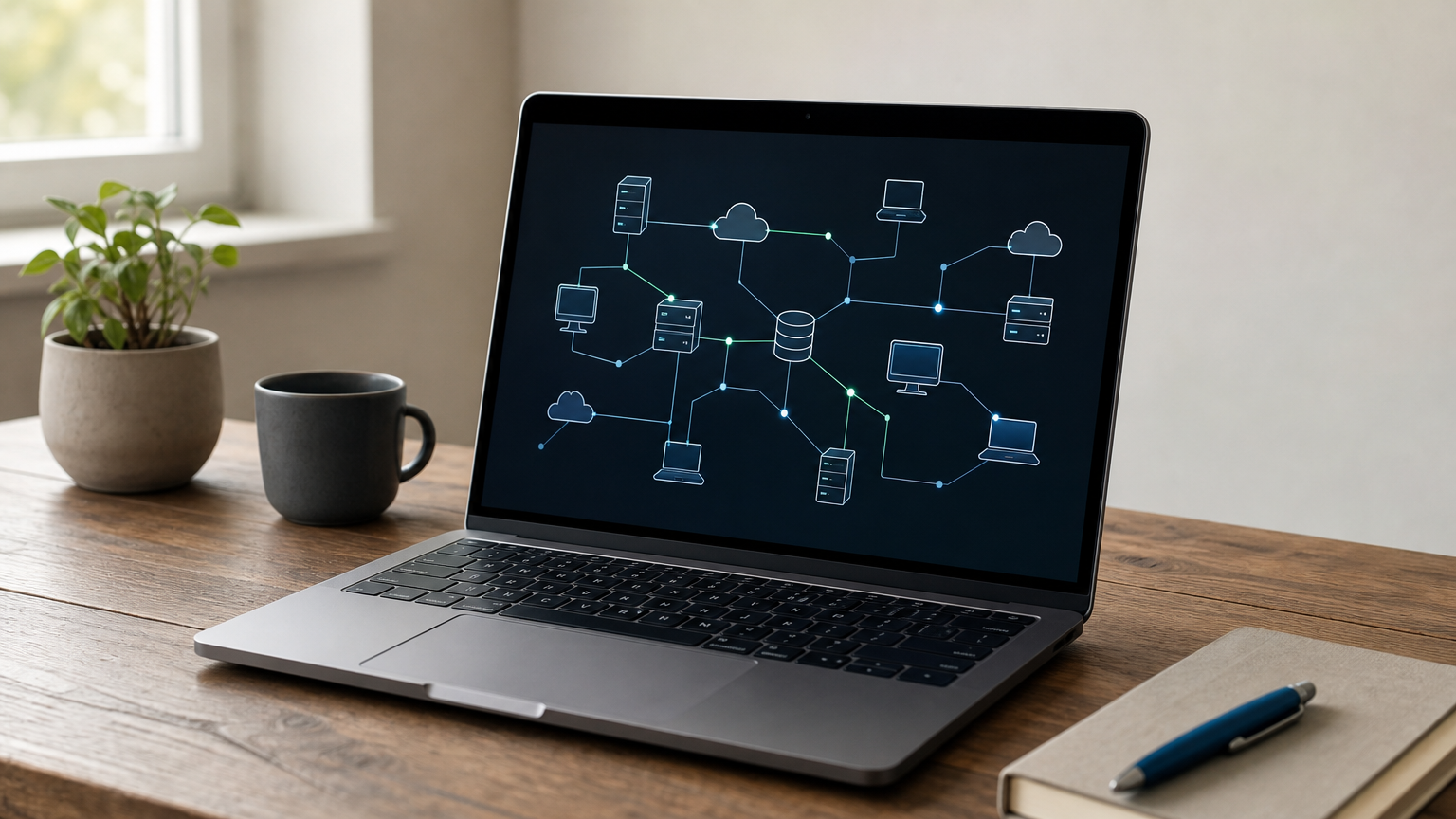 A screen displaying a real-time network map of connected servers, laptops and cloud devices.