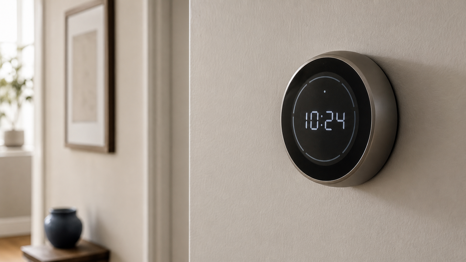 A round smart thermostat mounted on a hallway wall displaying the time.
