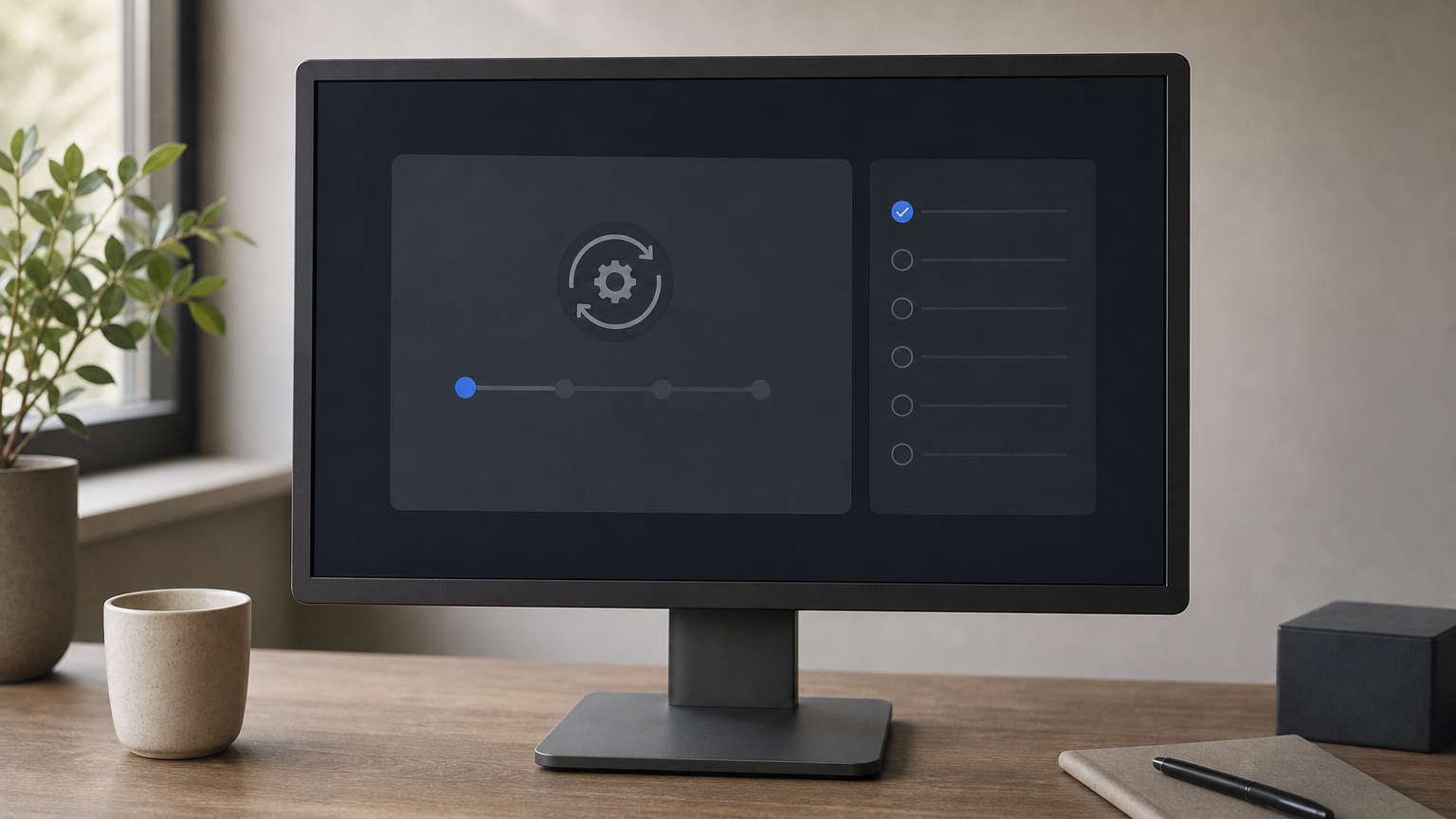 A computer monitor displaying a ticketing dashboard with a patch update task and checklist.