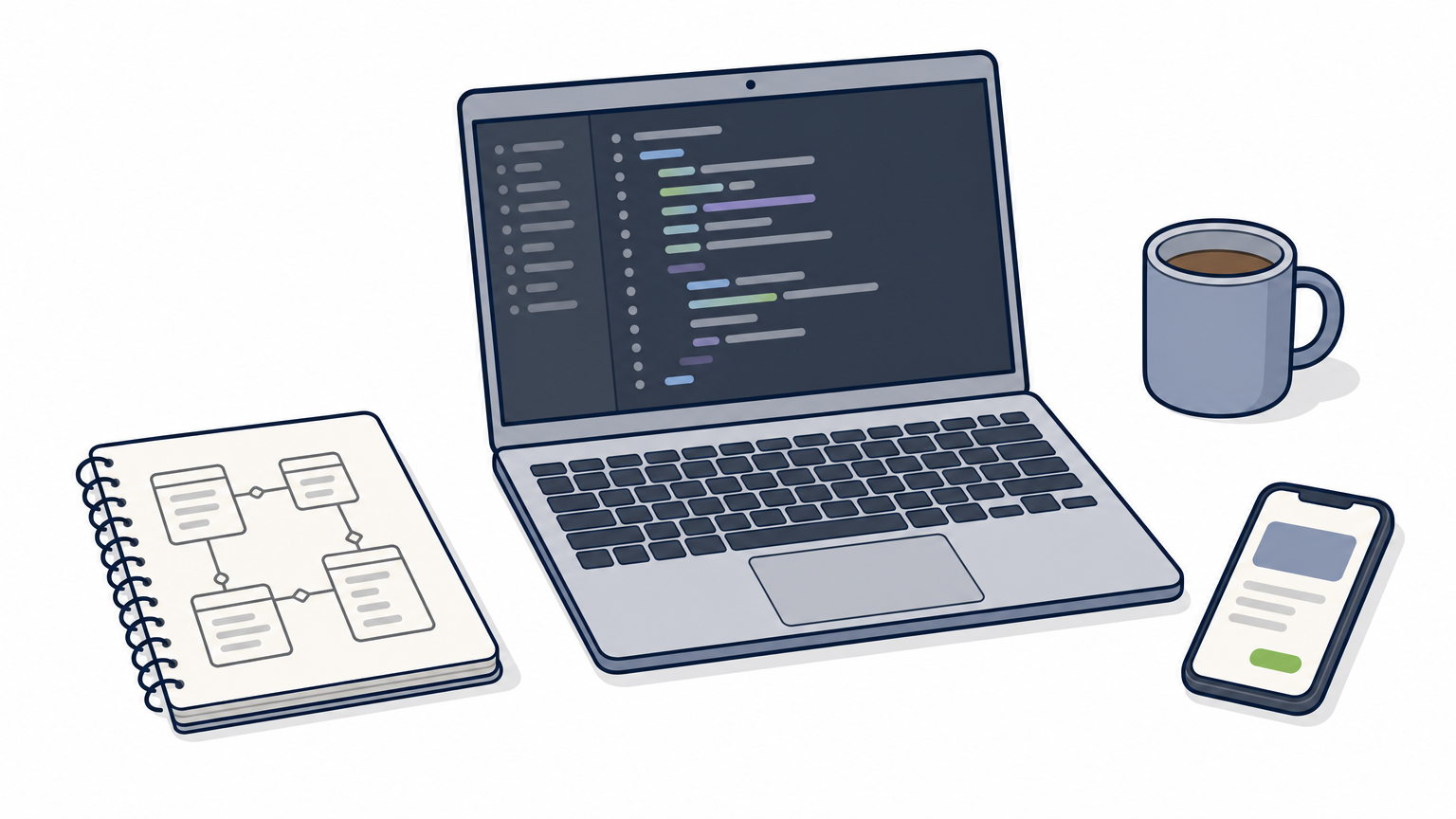 A laptop displaying code sits on a desk with a notebook of diagrams and a phone showing an app.