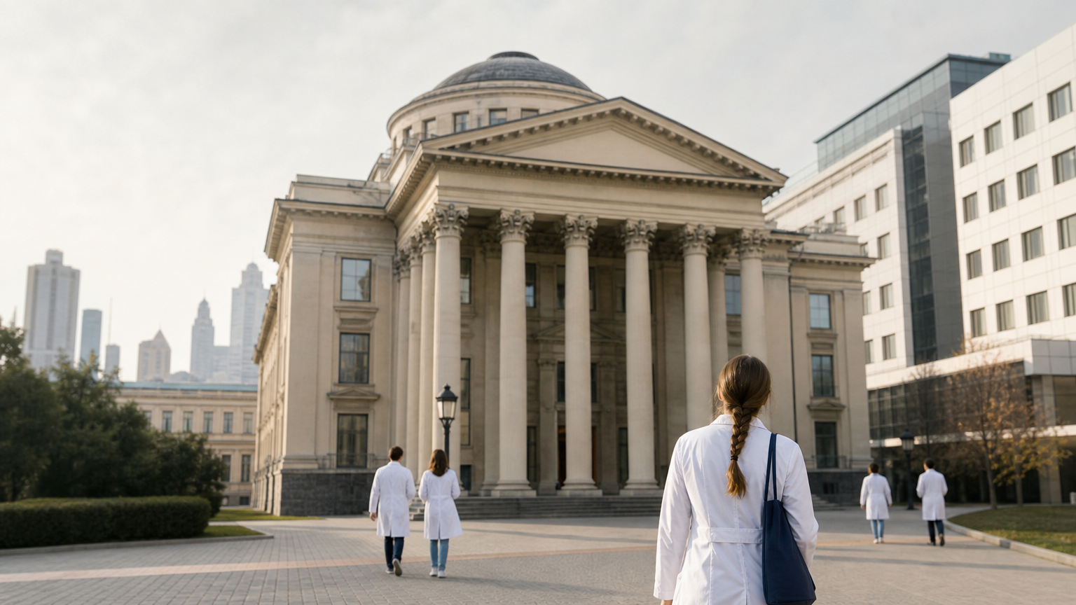 Exterior view of a Russian medical university campus with students walking near a hospital building.