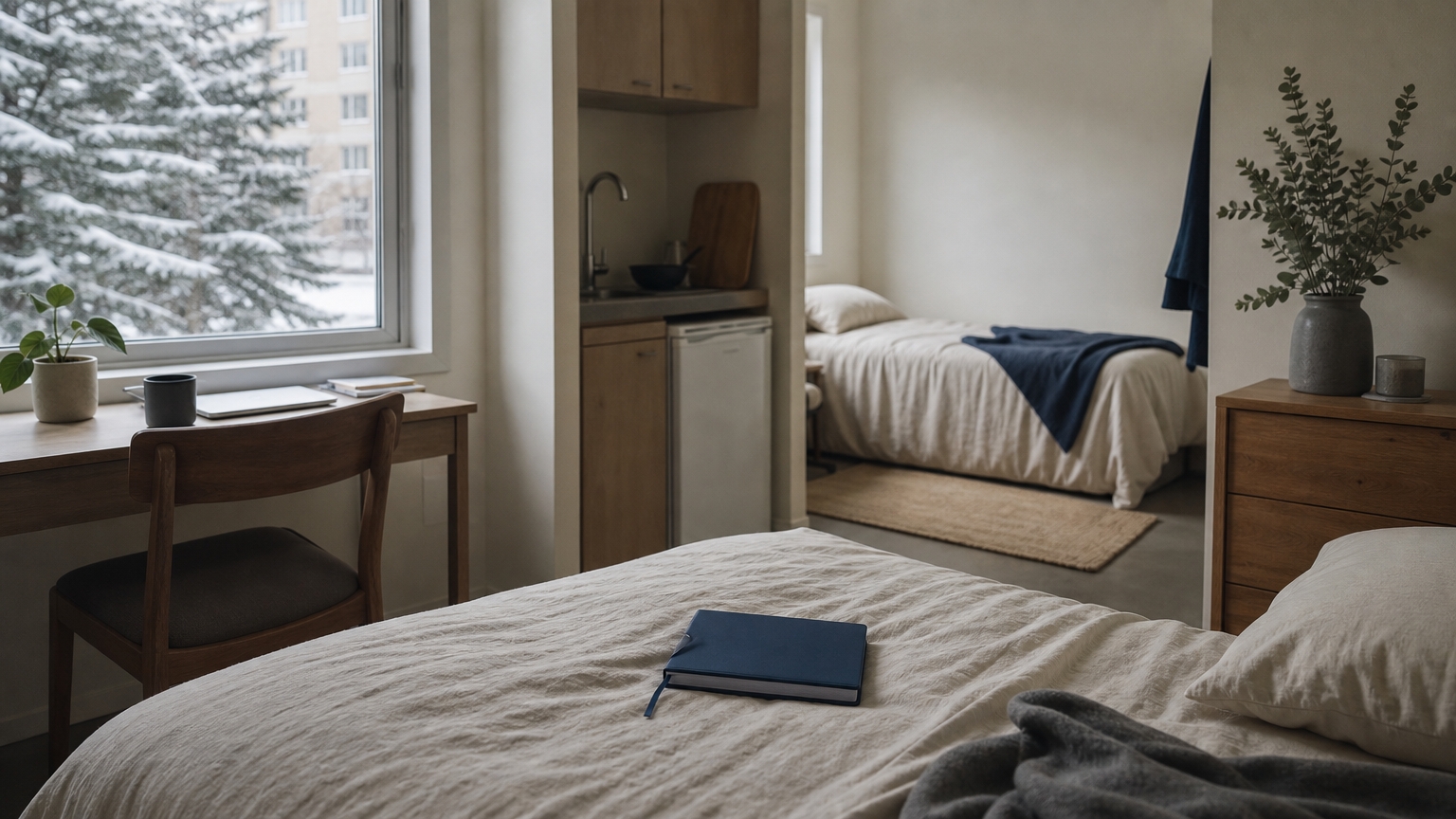 A shared hostel room with two beds, study desks, and a snowy window in the background.