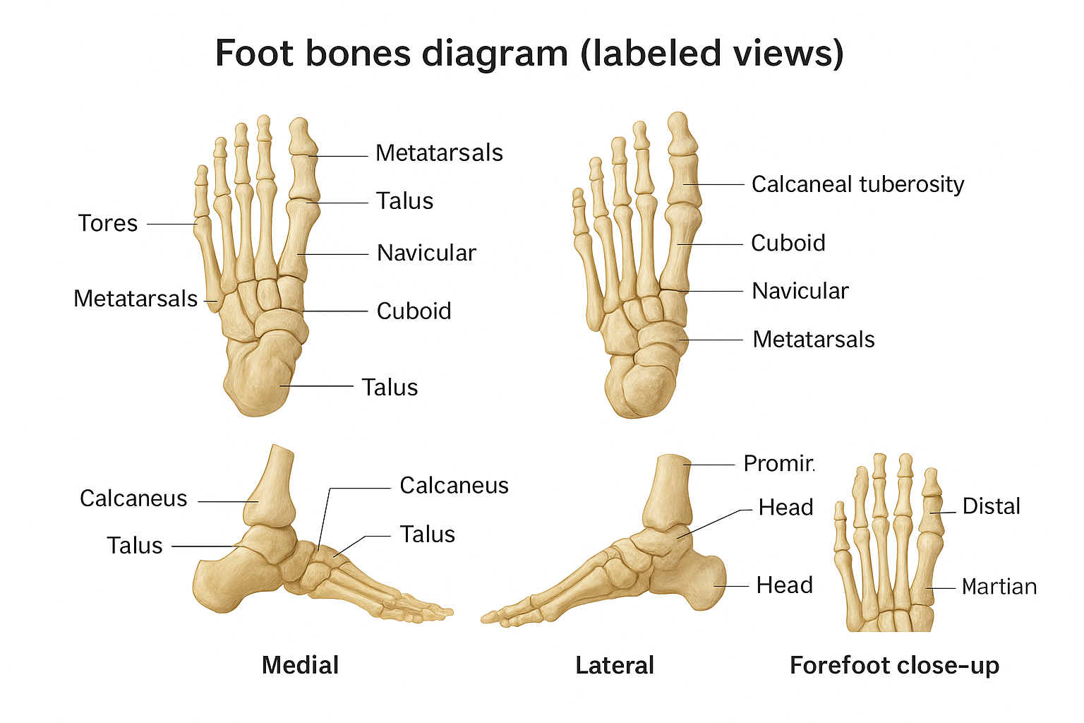Foot bones diagram (labeled views)