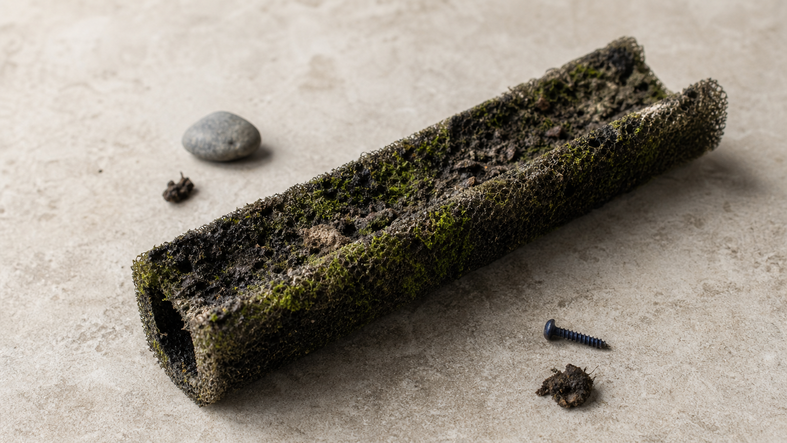 Close-up of a weathered foam gutter guard strip covered in moss and clogged debris.