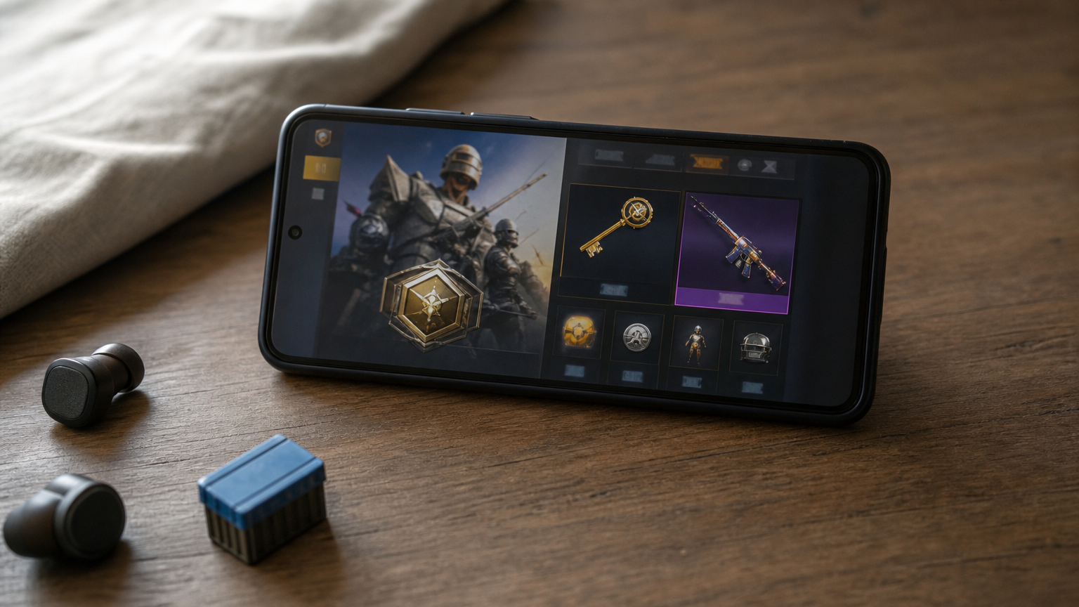 A smartphone displaying the PUBG Mobile in-game shop with a royale pass and skins.