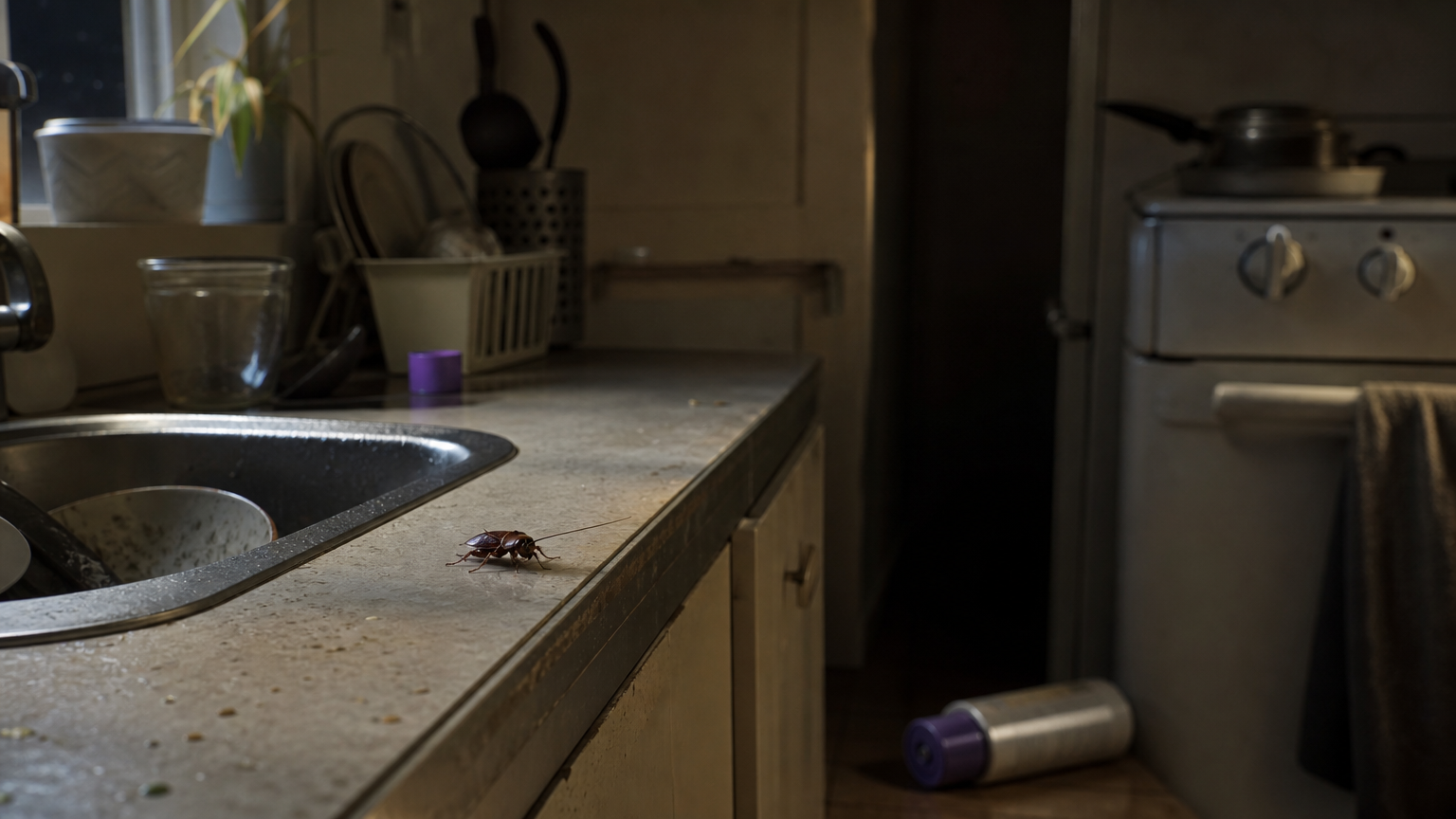 A cockroach scurries across a dark kitchen counter near a sink and an old spray can.