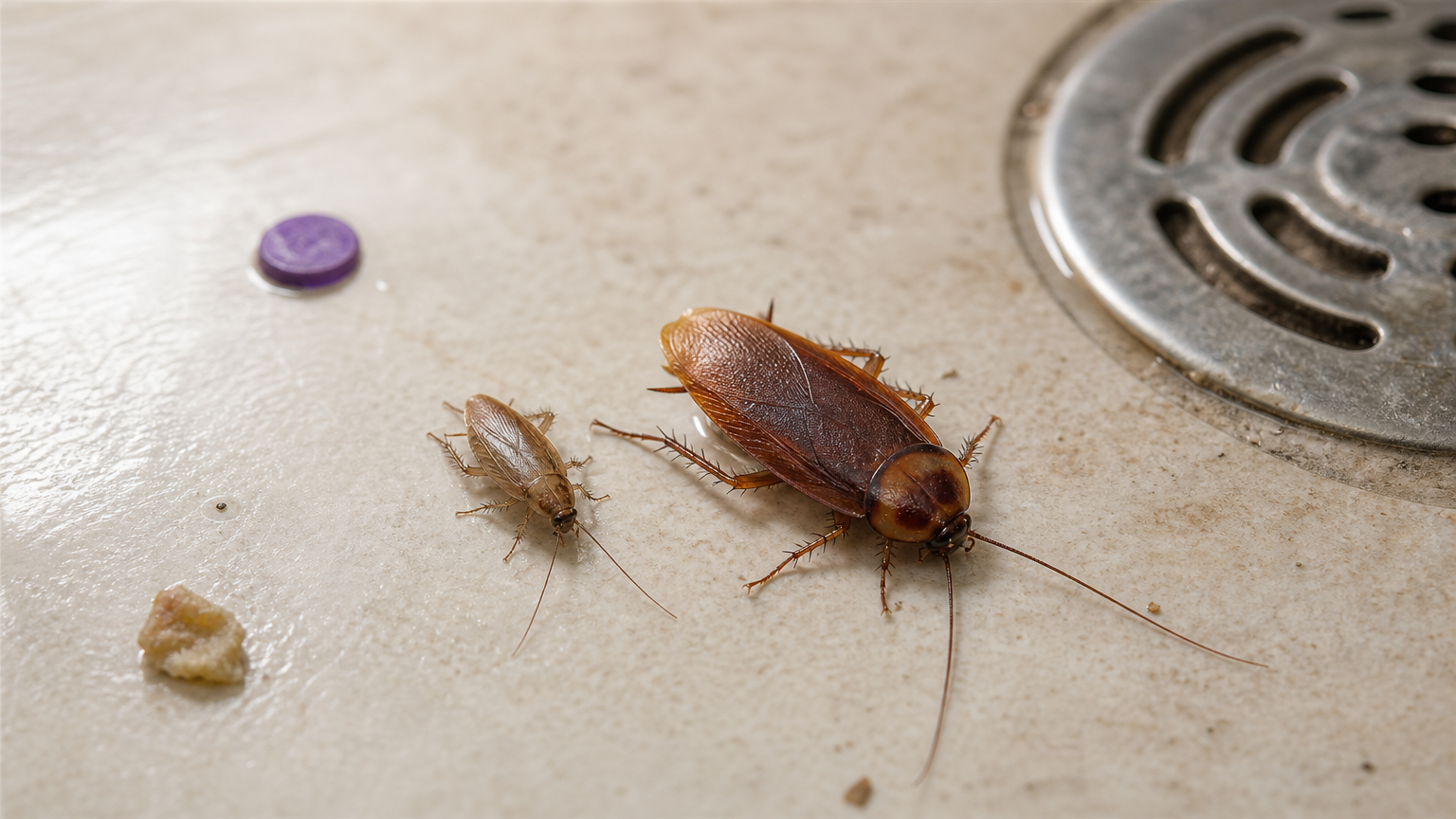 A small tan cockroach and a larger reddish-brown cockroach sit side by side on tile flooring.