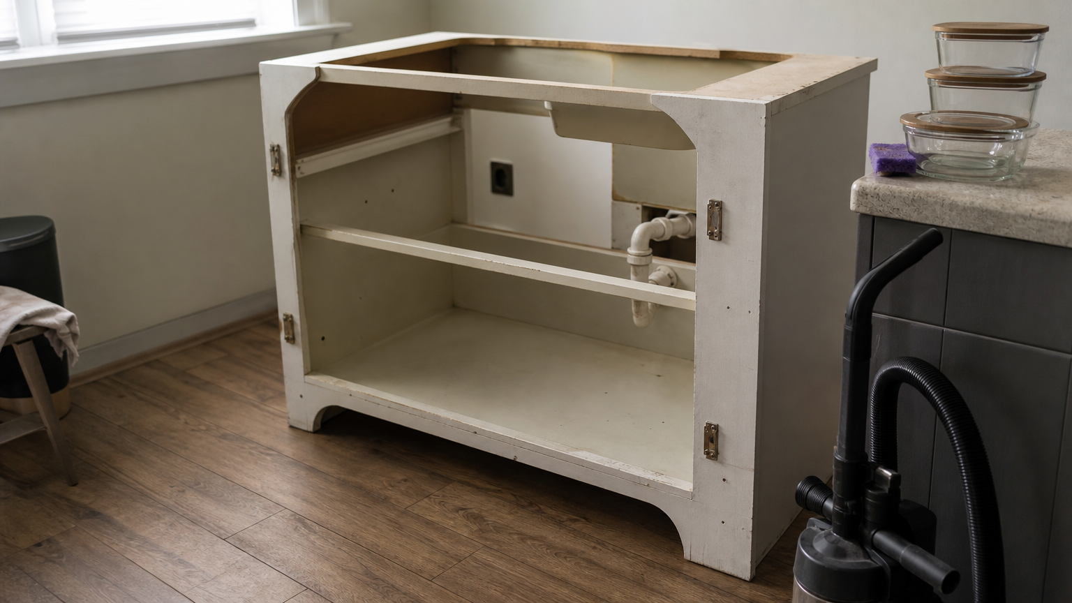 An emptied under-sink cabinet with cleared items and sealed containers ready for a pest inspection.