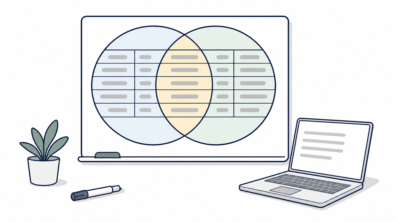 A whiteboard diagram of overlapping table circles illustrating how database join rows match or drop out.