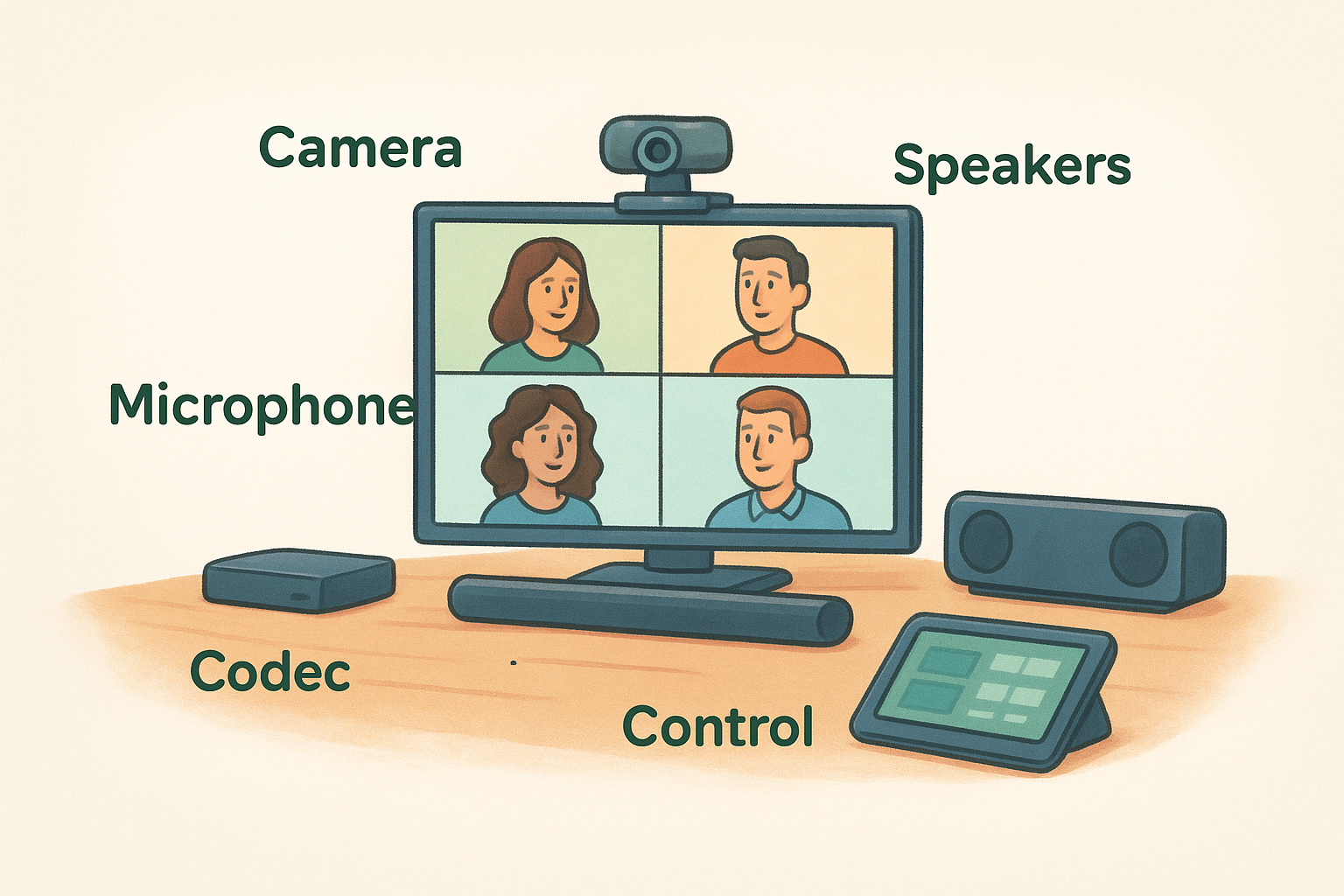 Video conferencing equipment including camera, microphones, display, and meeting compute
