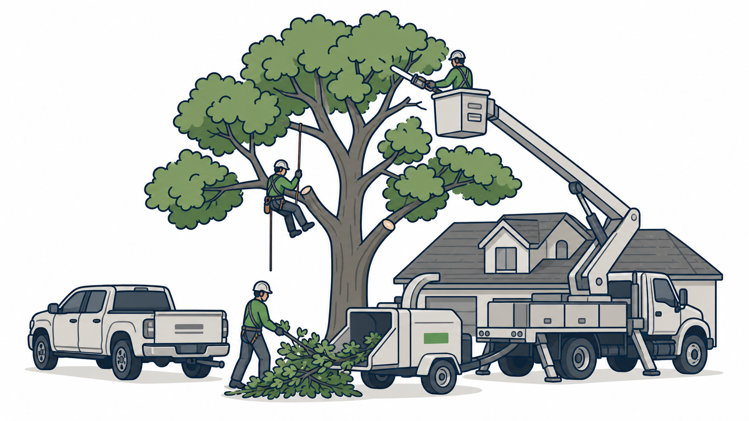 A crew uses a crane to trim a large oak tree canopy near a house.