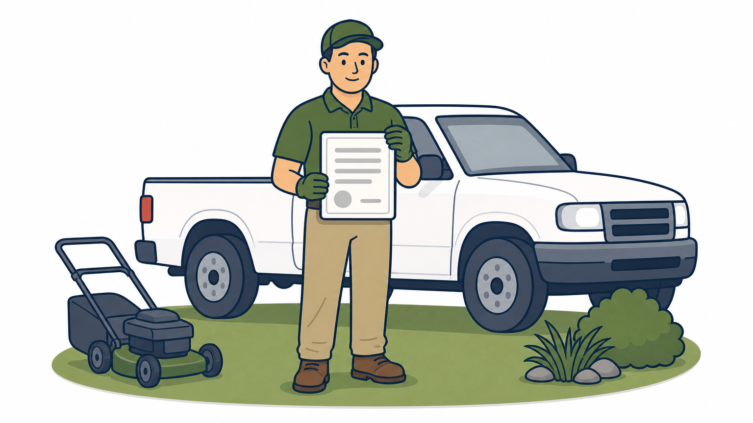 A lawn technician shows a certificate of insurance in front of a service truck on a lawn.