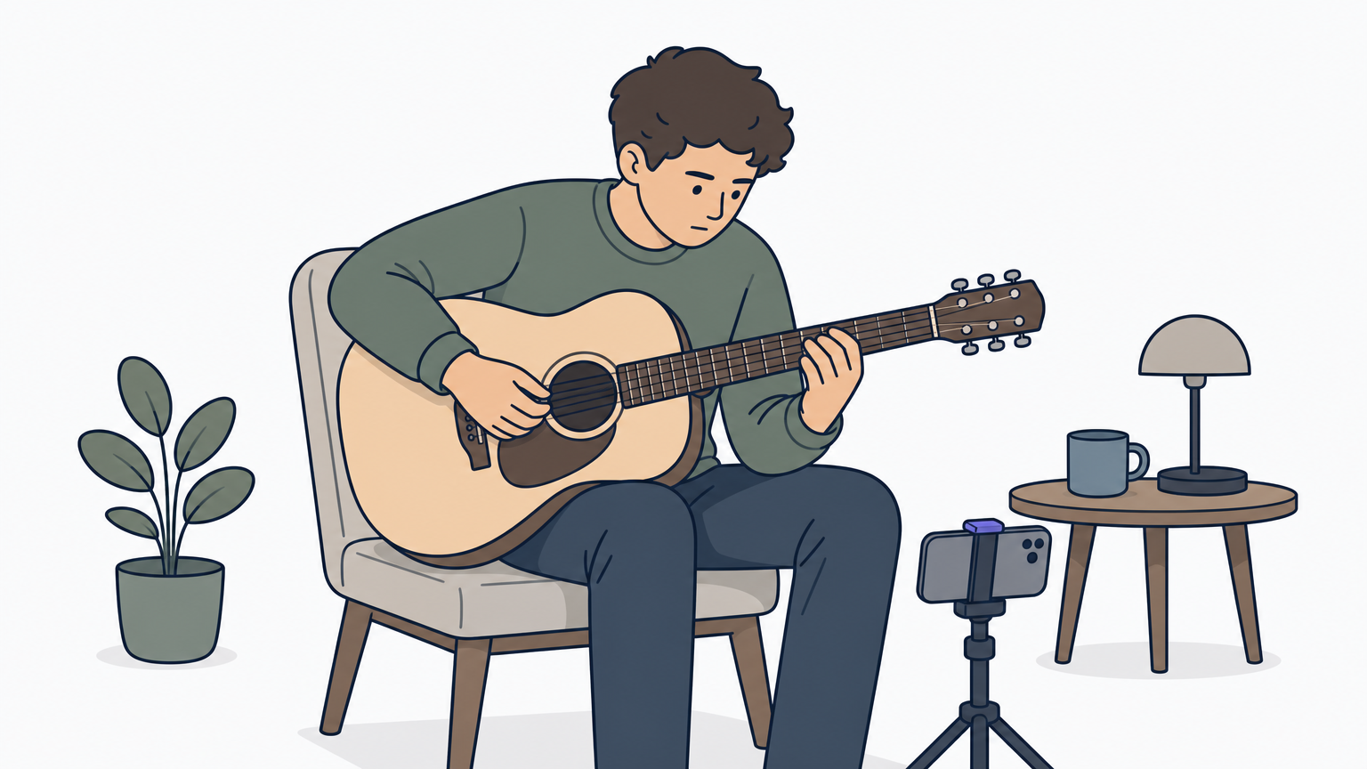 A guitarist slowly practices a chord change while recording the session on a phone.