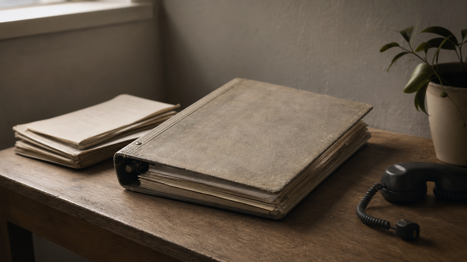 A dusty binder and outdated contact list sitting unused on an office shelf.
