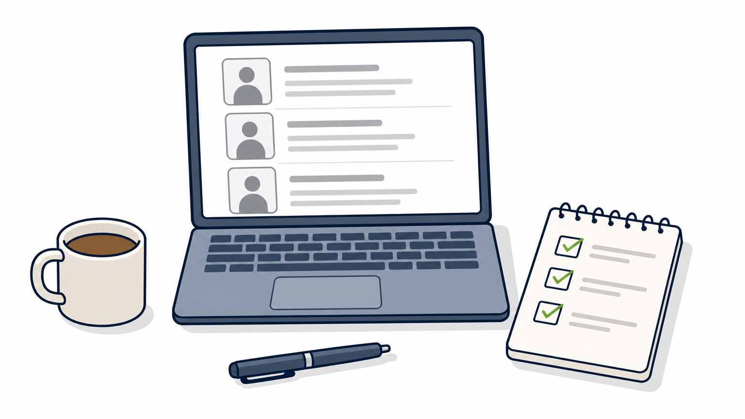 A laptop displaying a list of resumes next to a notepad with checkmarks on a desk.