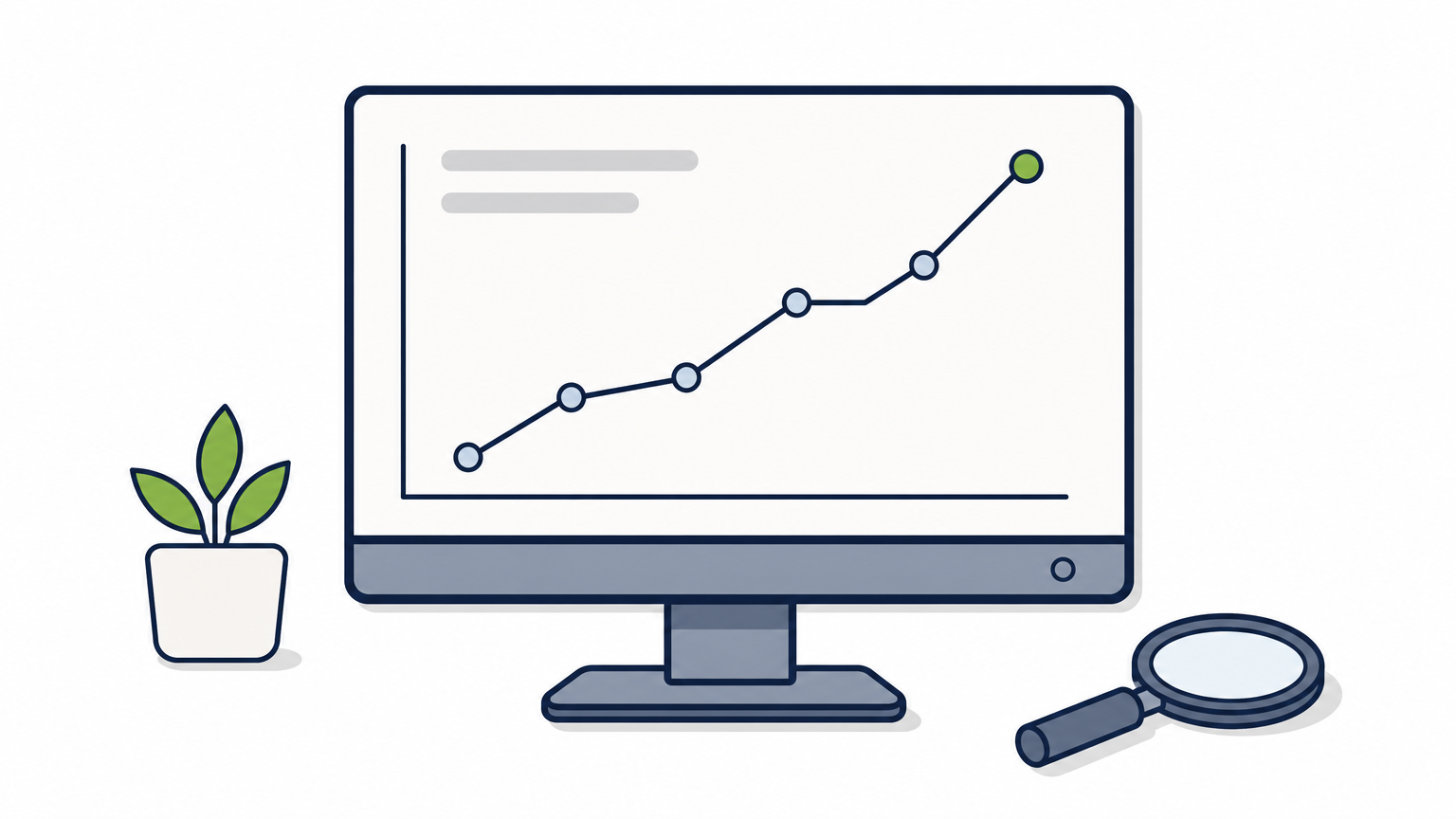 A monitor showing a rising traffic line chart with a magnifying glass placed on the desk in front of it.