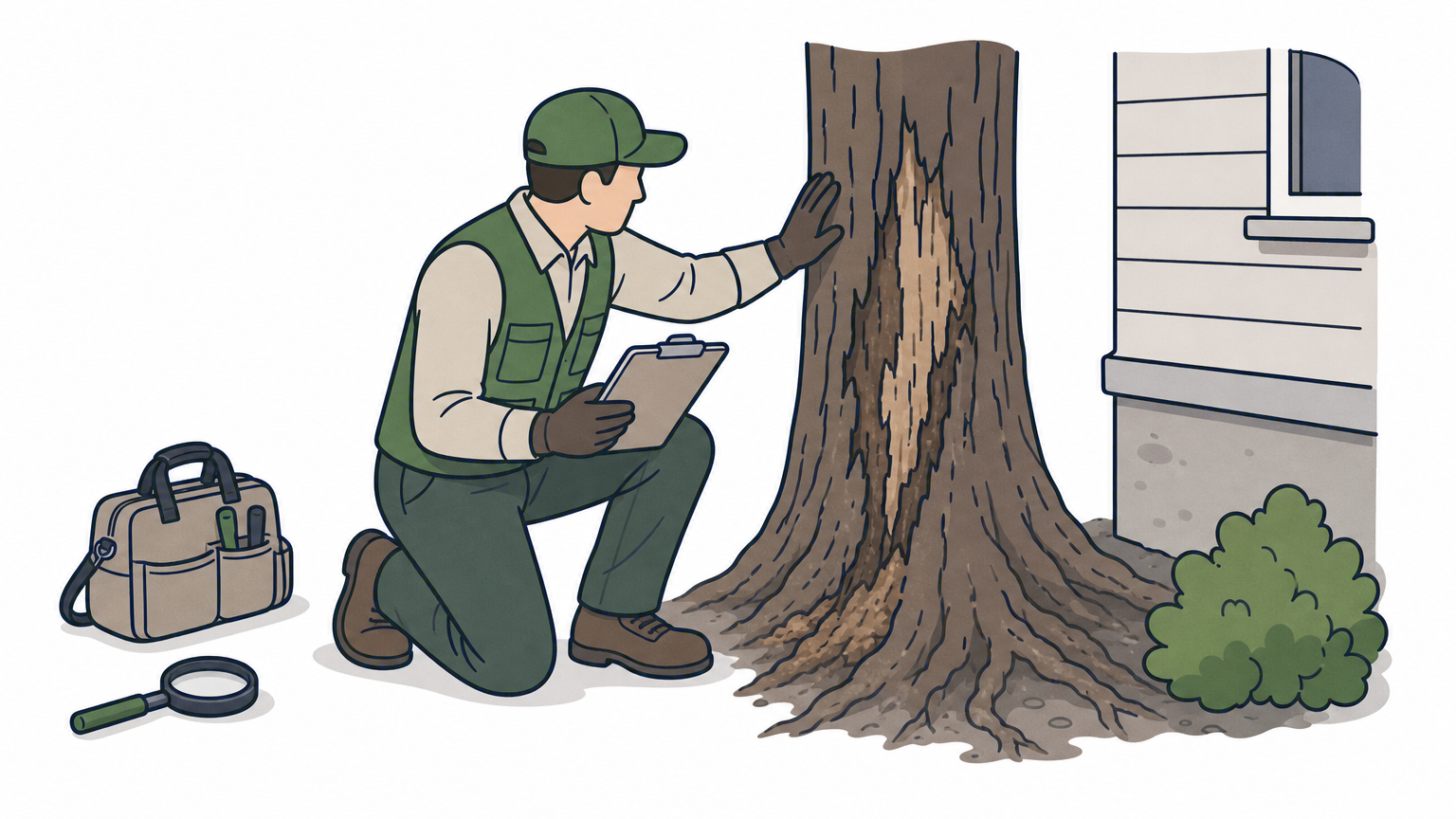 An arborist examines a diseased tree trunk near a home foundation while holding a clipboard.