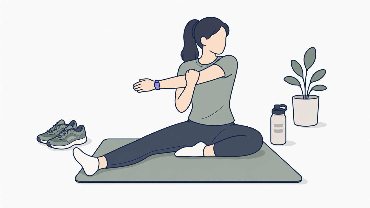 A person stretches on a mat next to running shoes and a water bottle.