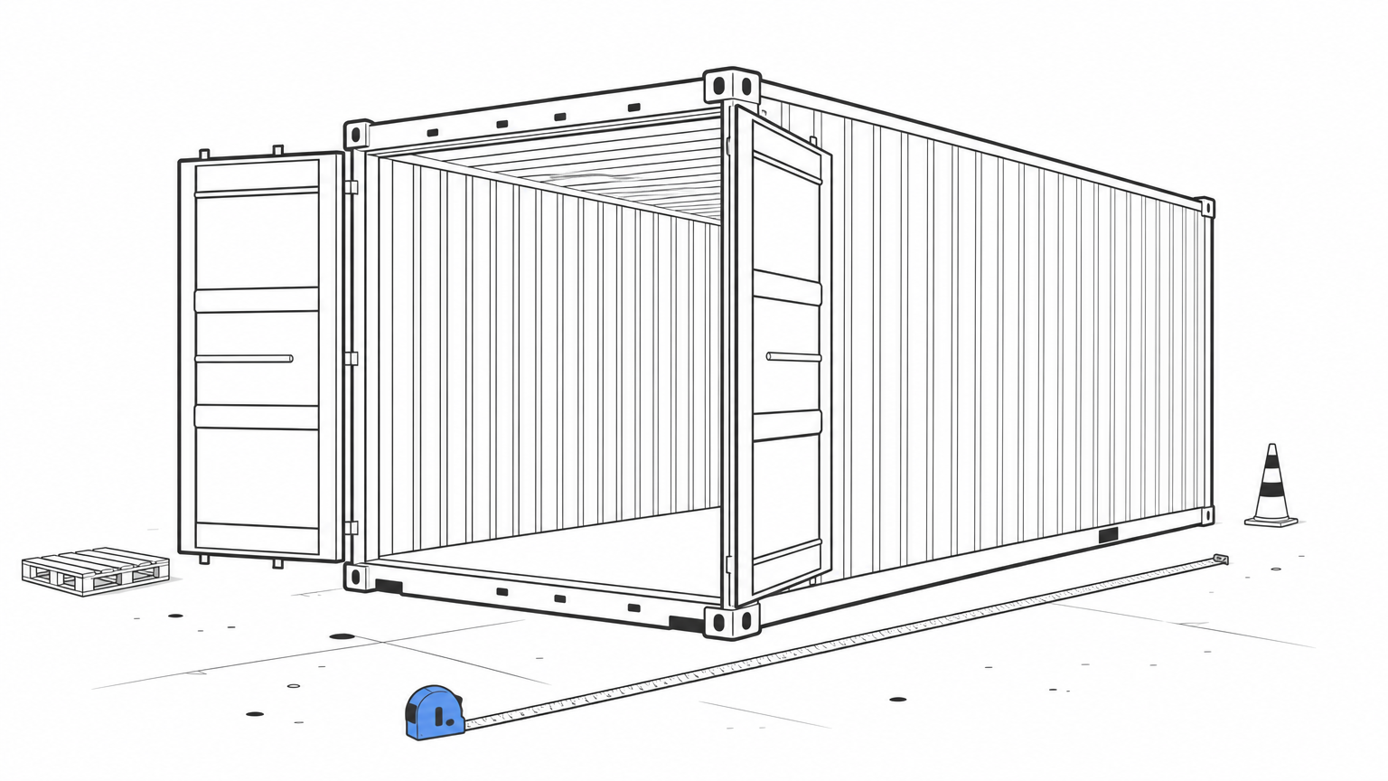 A 20ft shipping container with open doors standing on a concrete lot beside a ground-level measuring tape.