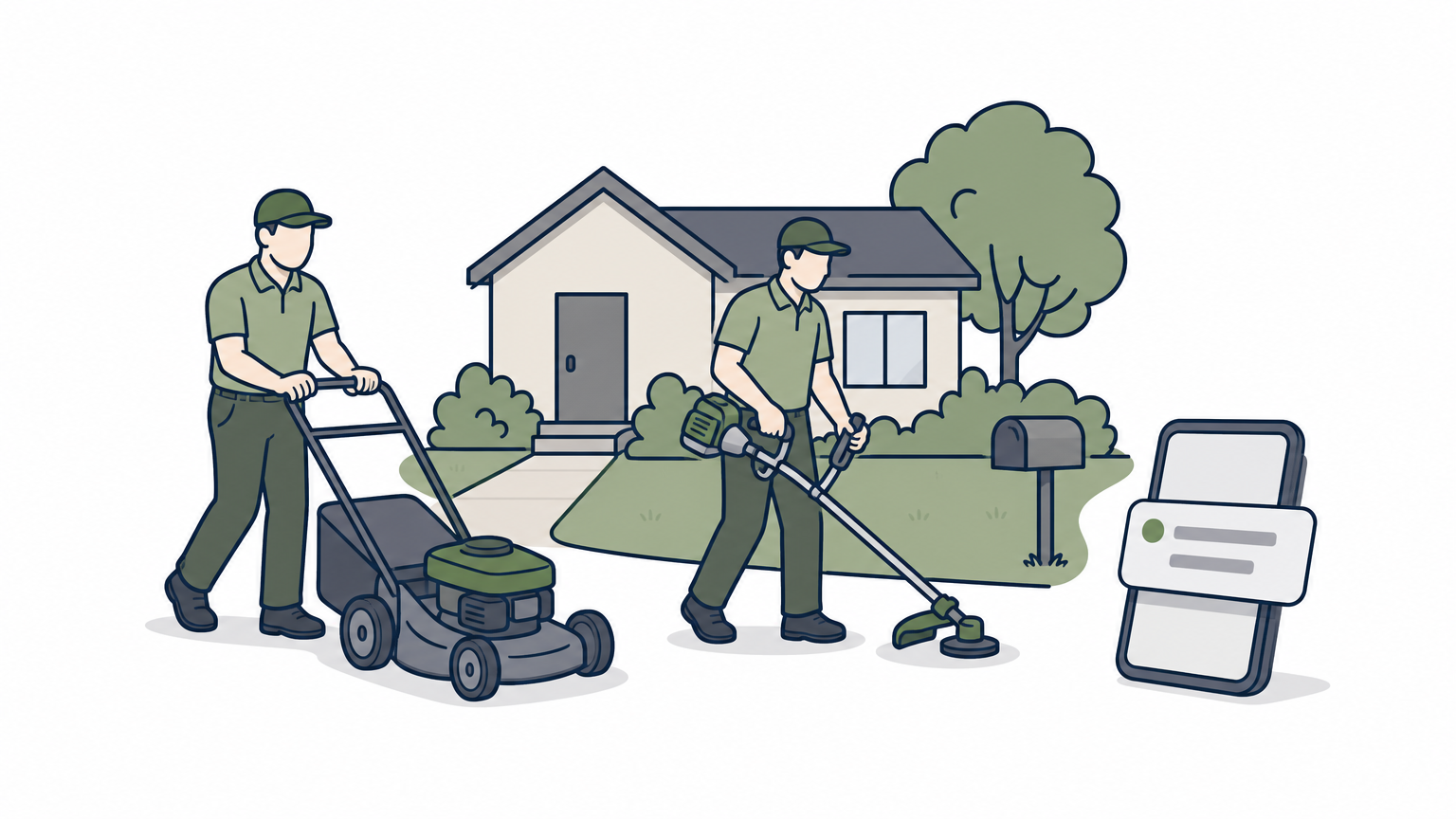 A consistent two-person lawn crew arrives at a home with equipment and a text notification on a phone.