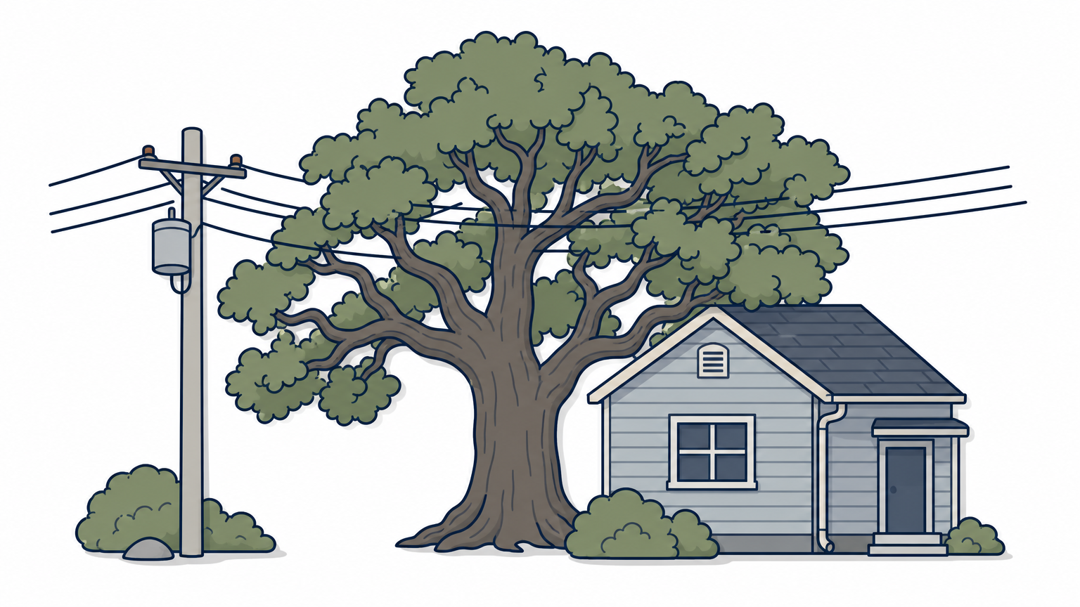 A large oak tree stands between a house and overhead power lines with branches close to the wires.