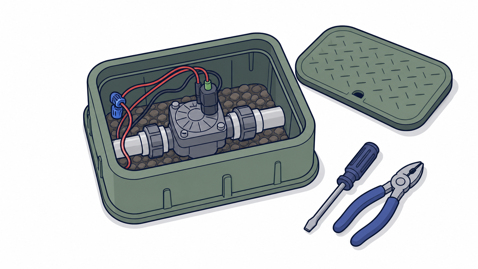 An open irrigation valve box in a lawn revealing wiring and a solenoid valve with tools nearby.
