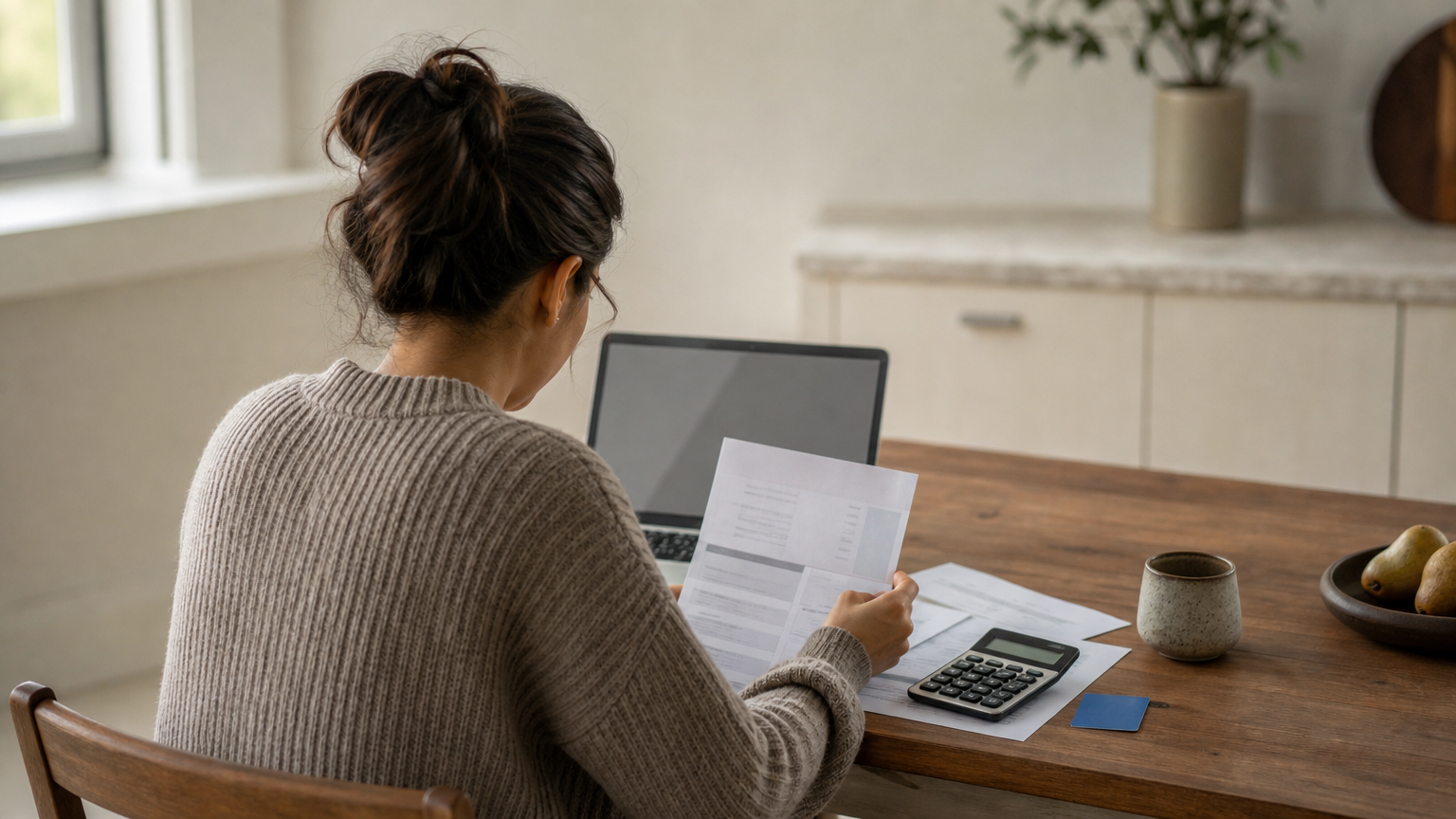 A person sits at a table reviewing credit card statements next to a laptop and calculator.
