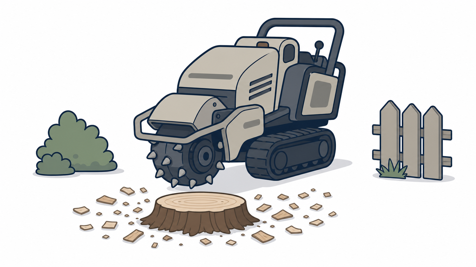 A stump grinder machine works over a tree stump surrounded by wood chips in a yard.