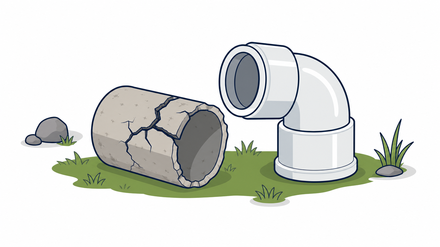 A cracked old PVC irrigation pipe lying next to a new replacement pipe fitting on grass.