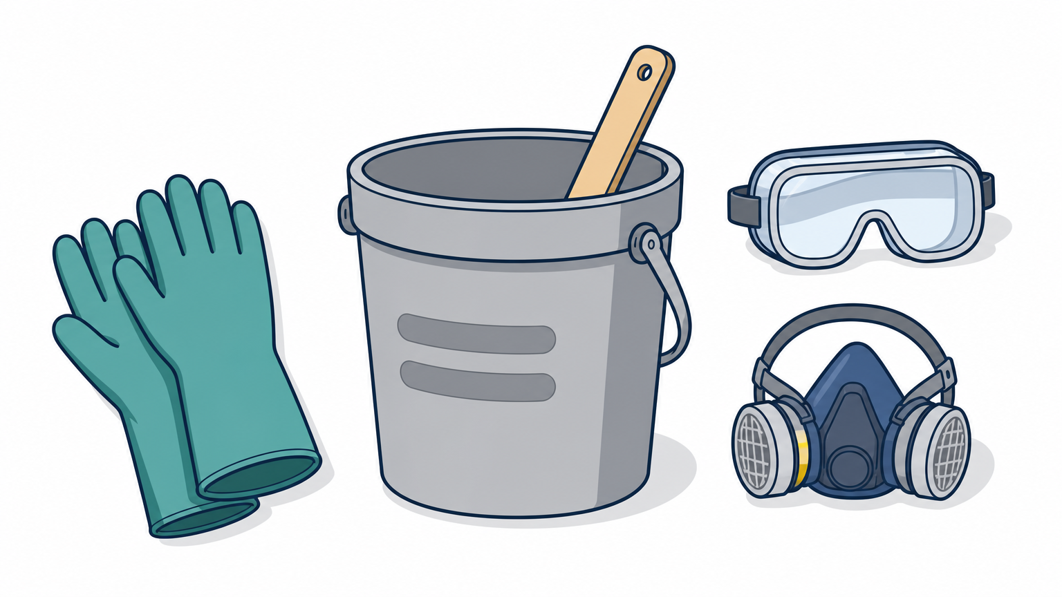 Protective gloves, goggles, respirator, and a mixing bucket arranged on a workbench before treatment.