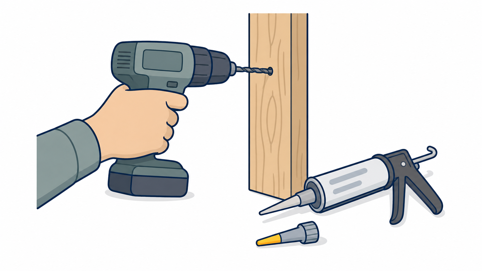 A drill boring a small hole into a wooden stud beside a caulking injection applicator.