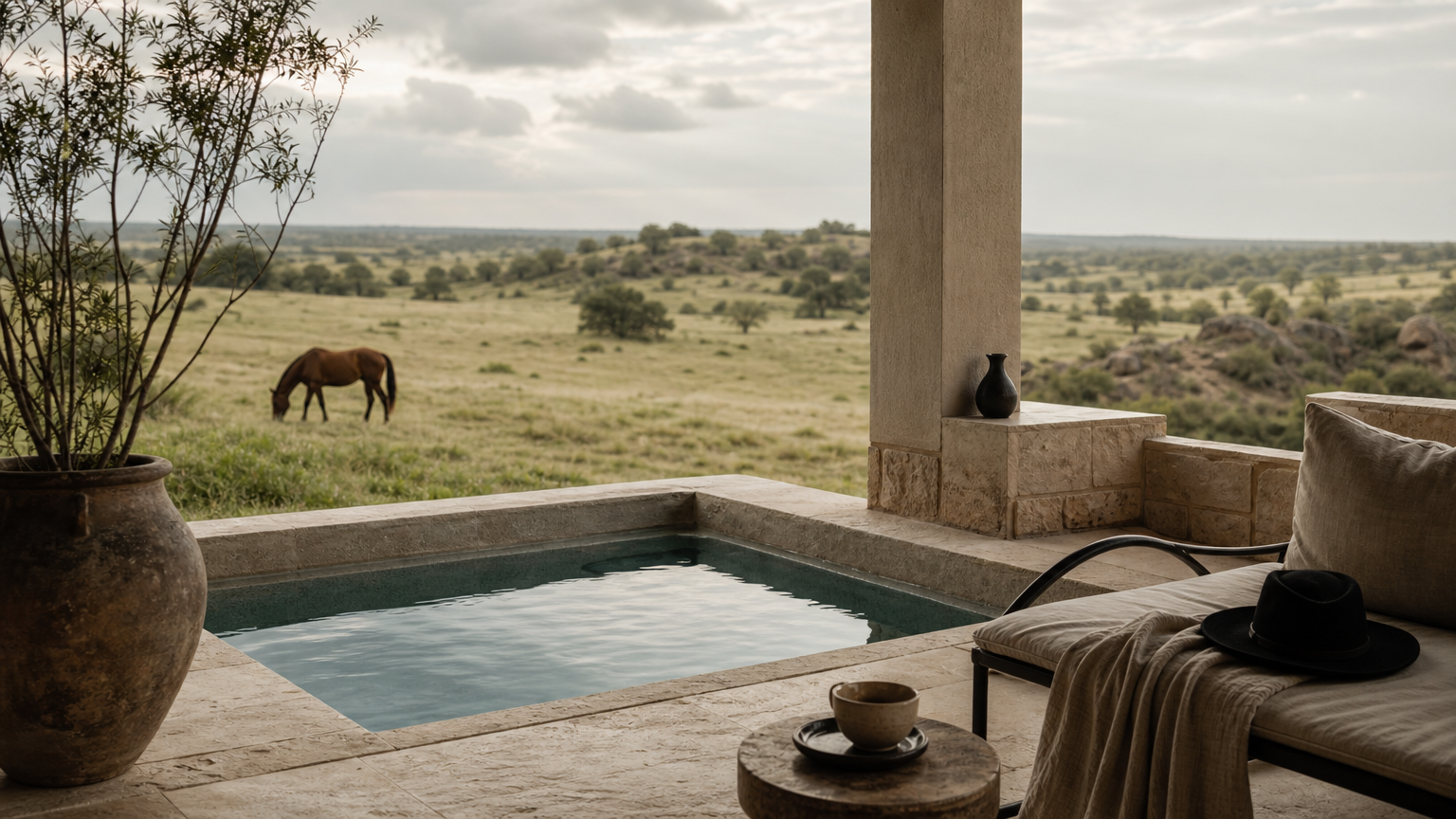 A hilltop lodge suite with a private pool overlooks the grassy Grumeti Reserves plains.