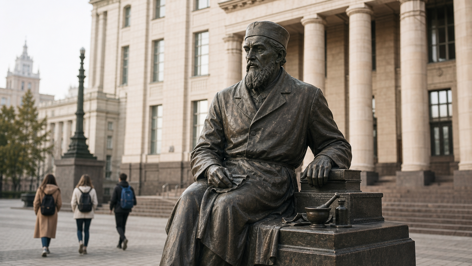 Historic university building in Moscow with a statue and students on the plaza.