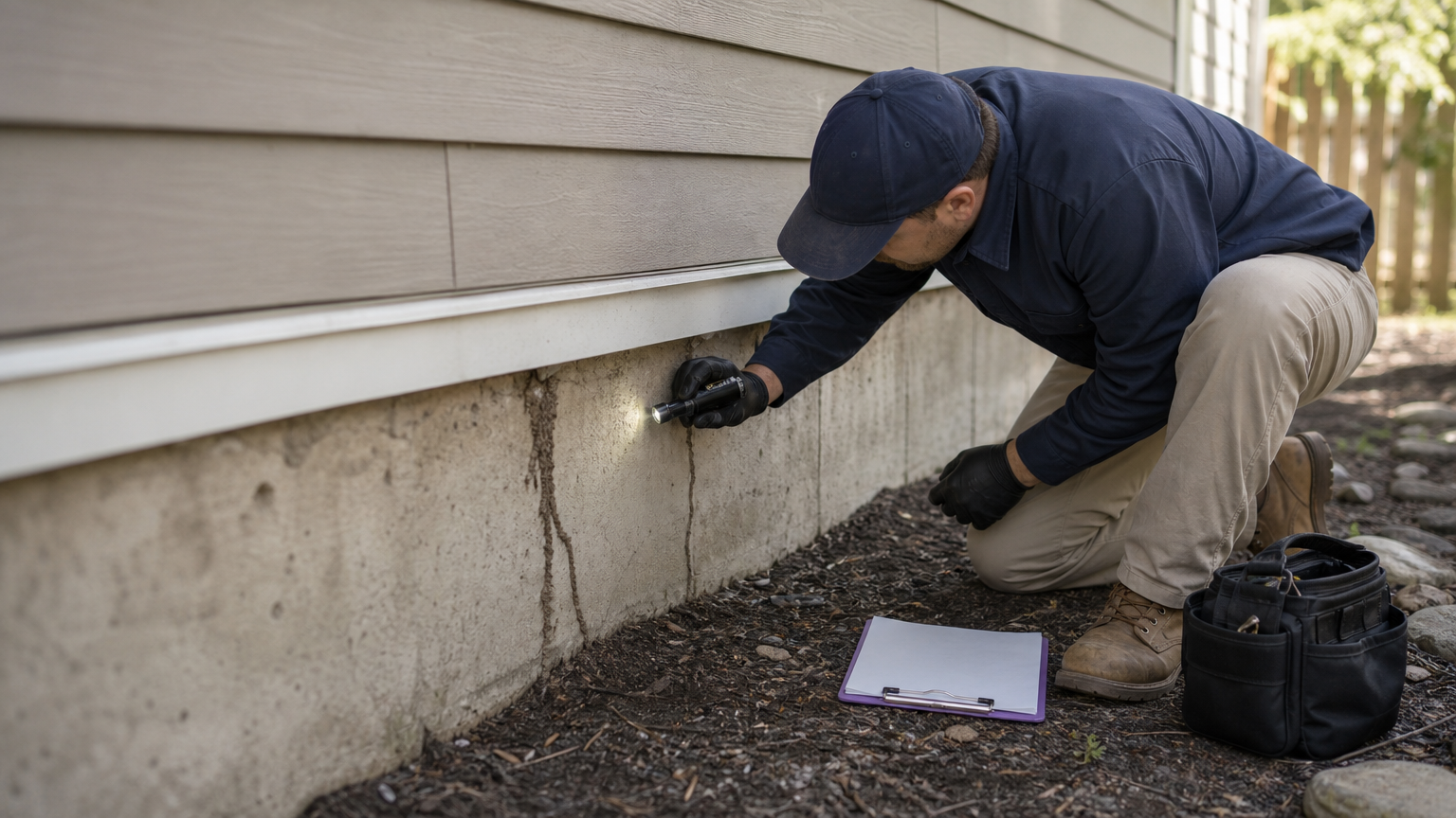 A technician crouches at a home's foundation inspecting for termite mud tubes with a flashlight.
