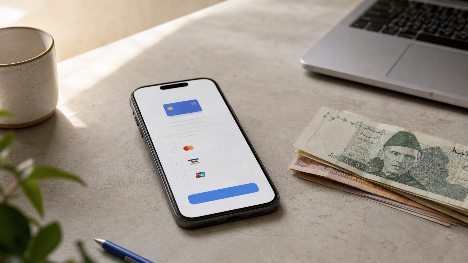 A smartphone displaying an online checkout screen beside Pakistani Rupee banknotes and a laptop.