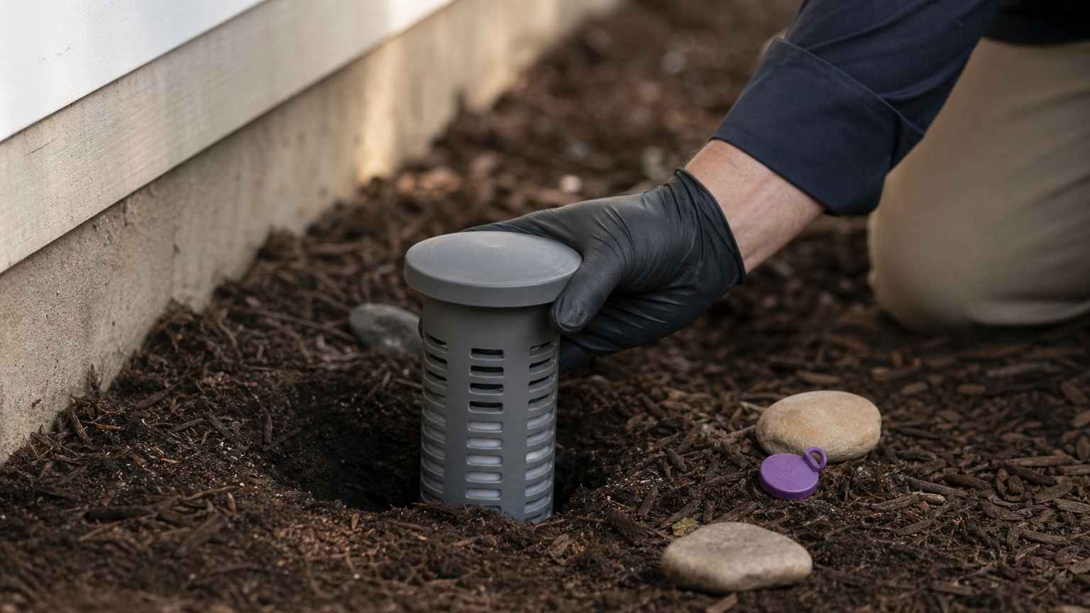 A gloved hand installs a termite bait station in the soil next to a house wall.