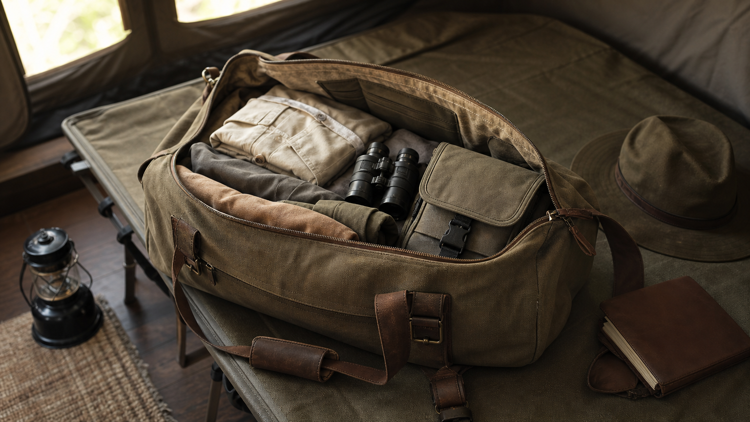 An open duffel bag on a tent bed displays neutral clothing, binoculars, and a camera bag.