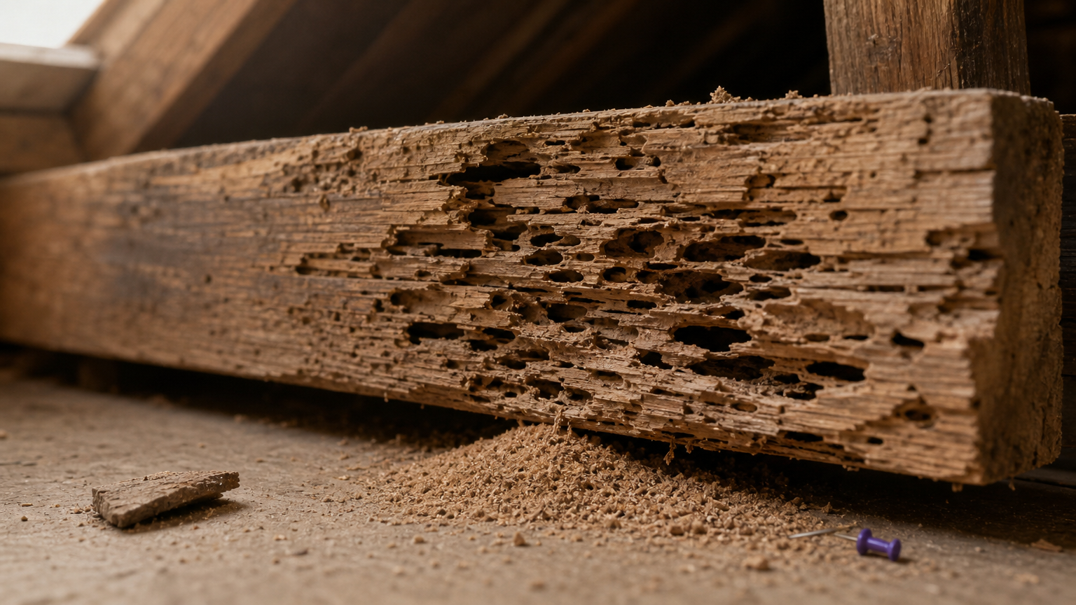An attic beam shows hollowed wood and sawdust from drywood termite damage.
