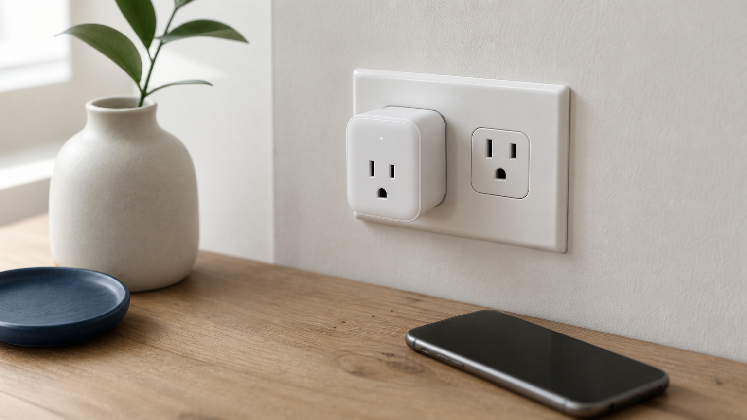 A compact white smart plug plugged into a wall outlet next to a smartphone.