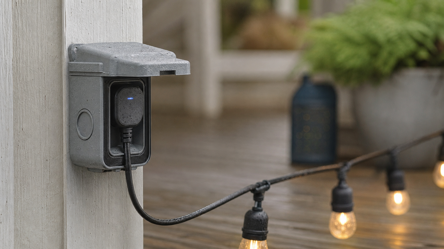 A weatherproof smart plug with a protective cover powering outdoor string lights on a porch.