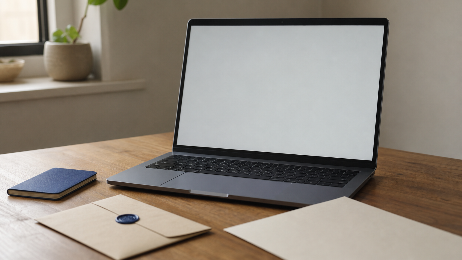 Laptop, passport, and invitation letter arranged on a desk during a university application.