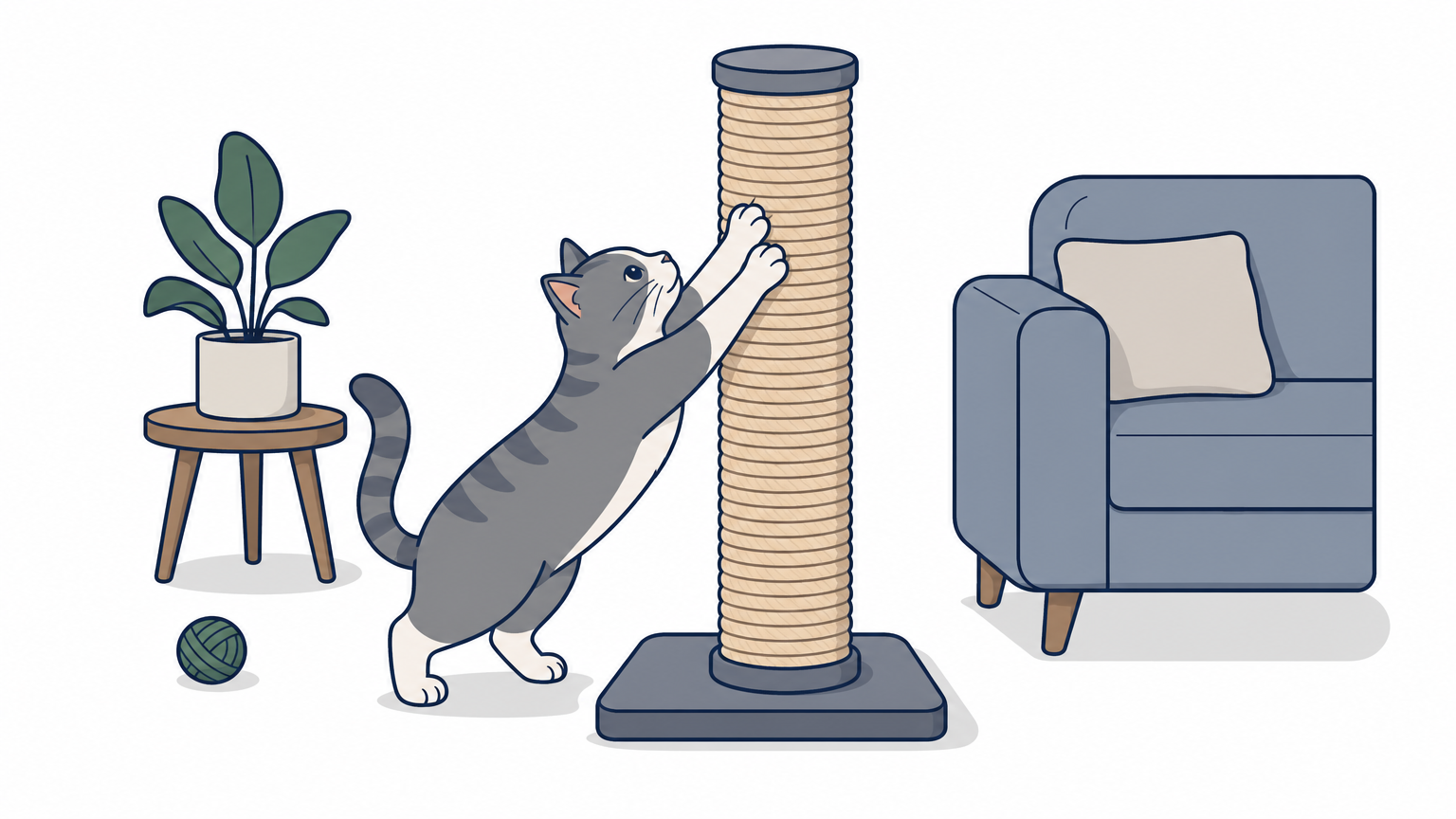 A cat stretches upward to claw a tall sisal-wrapped scratching post beside a couch.