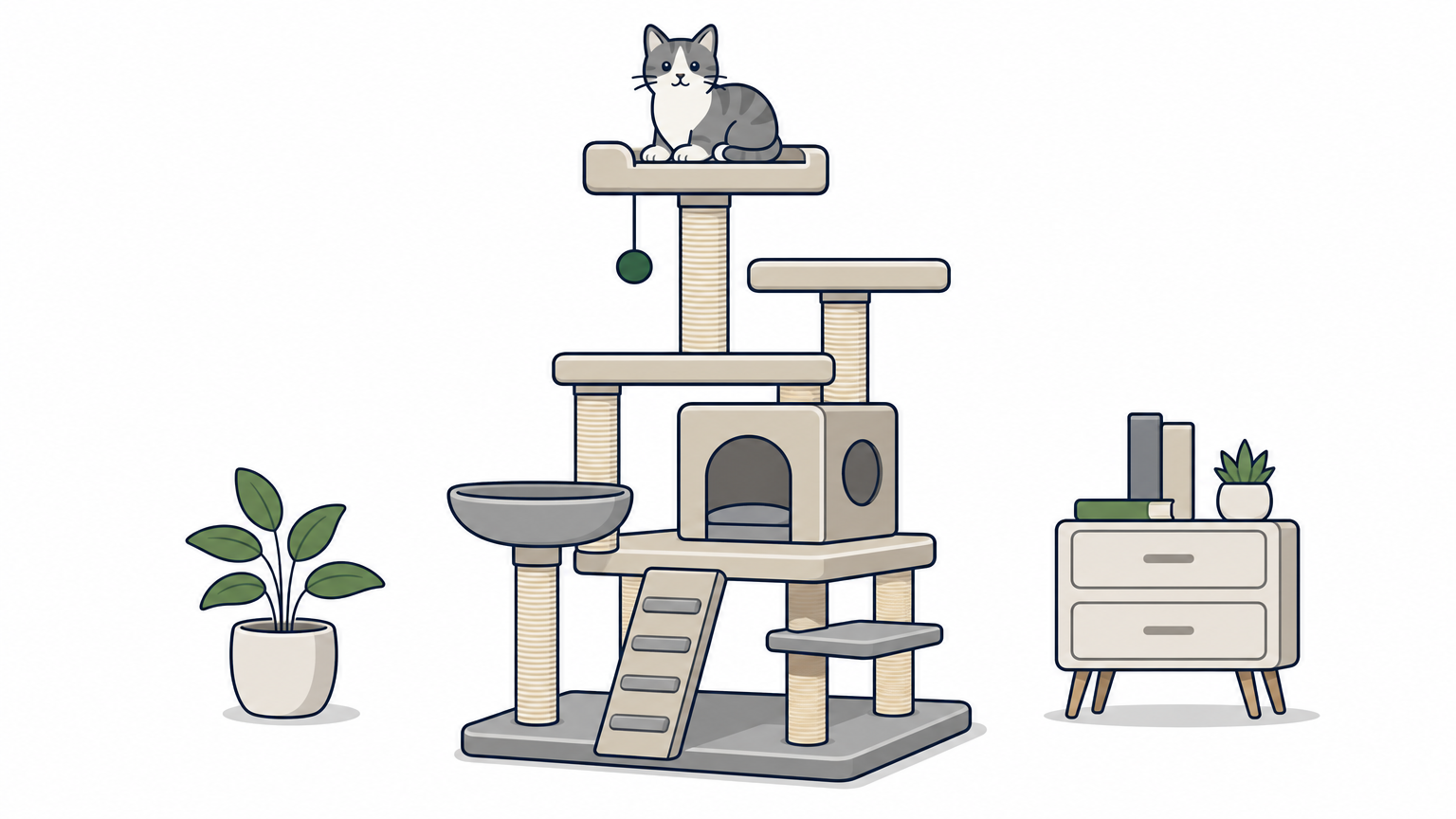 A cat sits on the top platform of a tall multi-level cat tree with sisal posts and an enclosed box.