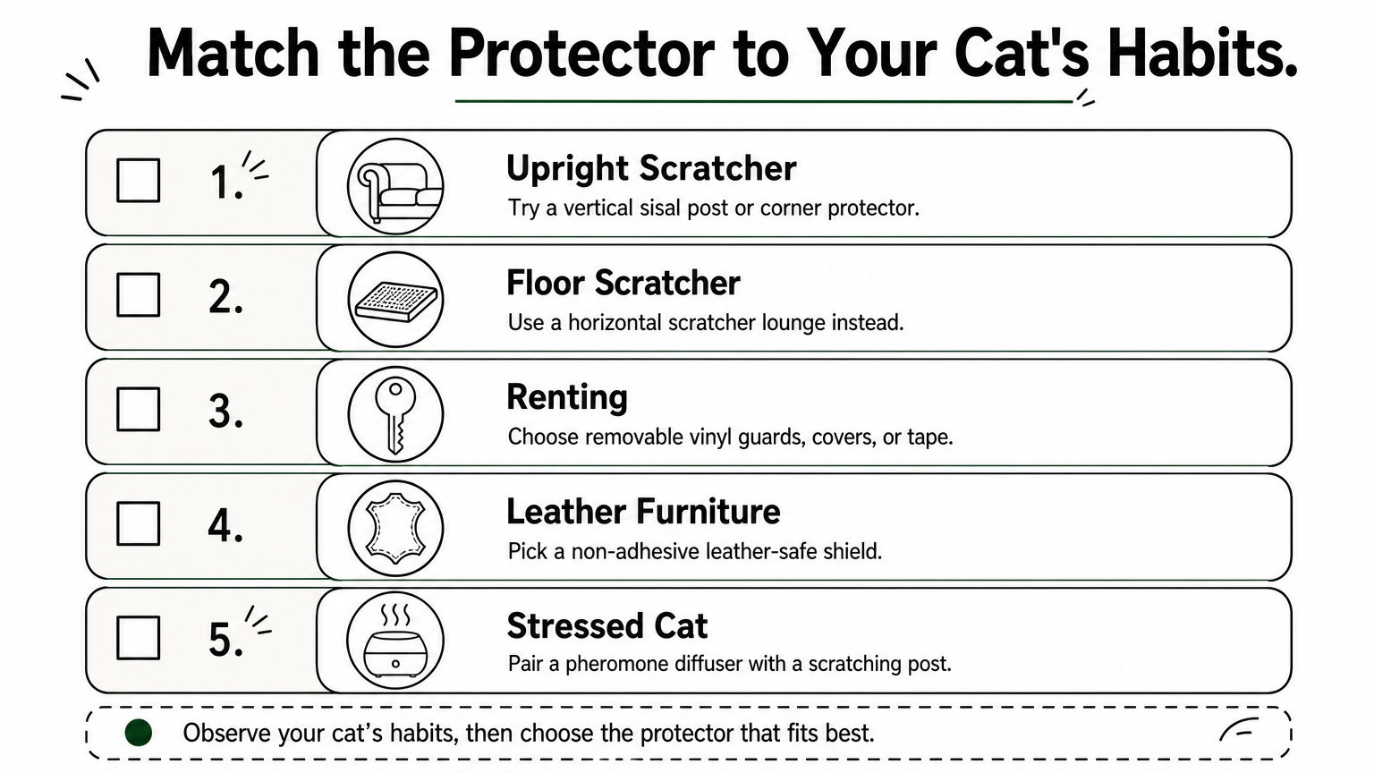 Checklist infographic matching cat scratching habits and home situations to the right furniture protector.