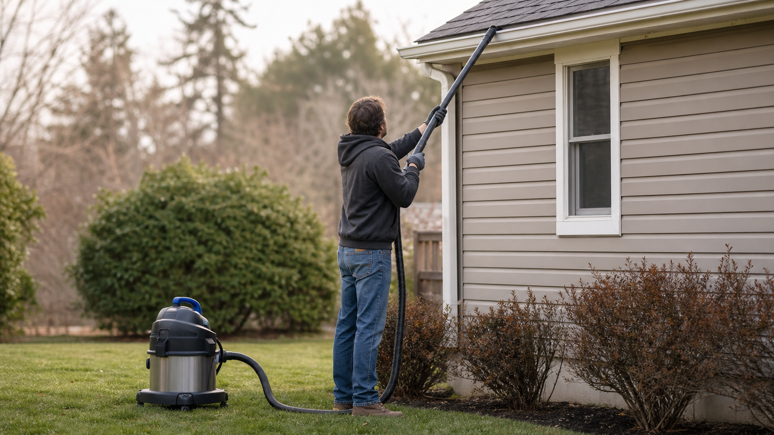 Homeowner uses a long tube connected to a shop vacuum to clean gutters while standing on the ground.