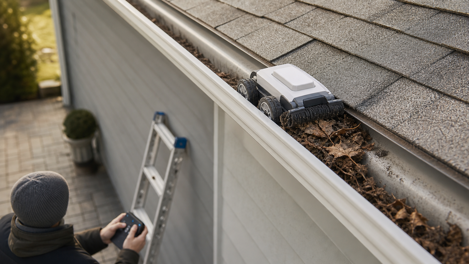 A small robotic device moves along a gutter clearing leaves while a homeowner controls it from the ground with a remote.